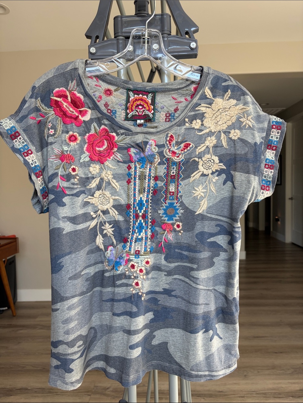 Johnny Was Crew Neck Camo Tee with Floral Embroidery (SM)